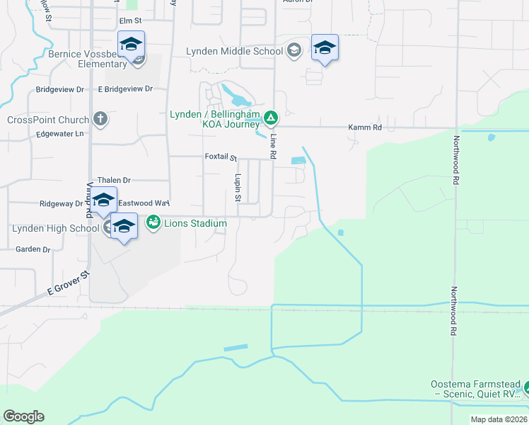 map of restaurants, bars, coffee shops, grocery stores, and more near 1412 Larkspur Street in Lynden