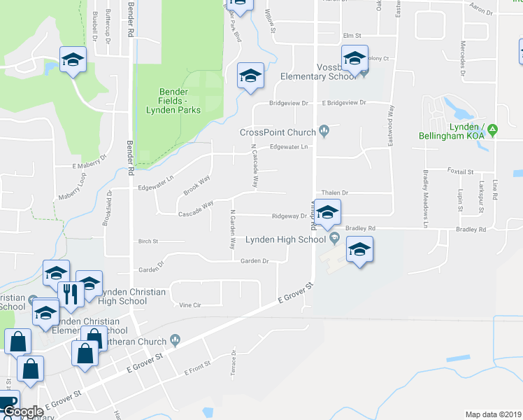 map of restaurants, bars, coffee shops, grocery stores, and more near 1049 Ridgeway Drive in Lynden