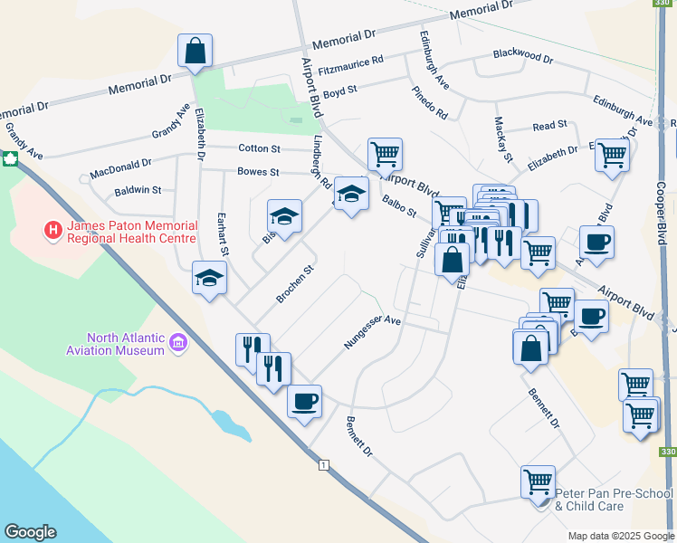 map of restaurants, bars, coffee shops, grocery stores, and more near 34 Hawker Crescent in Gander