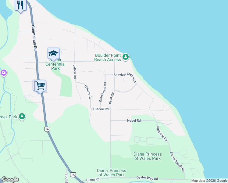 map of restaurants, bars, coffee shops, grocery stores, and more near 10870 Olsen Road in Cowichan Valley G