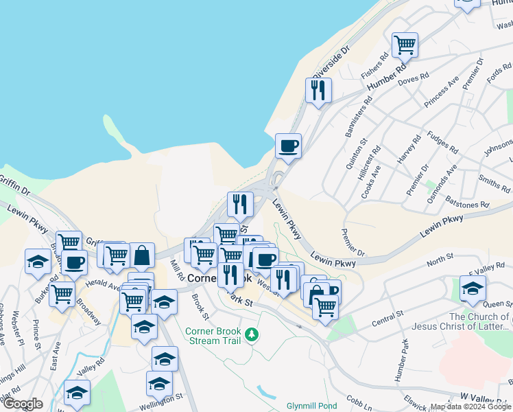 map of restaurants, bars, coffee shops, grocery stores, and more near in Corner Brook