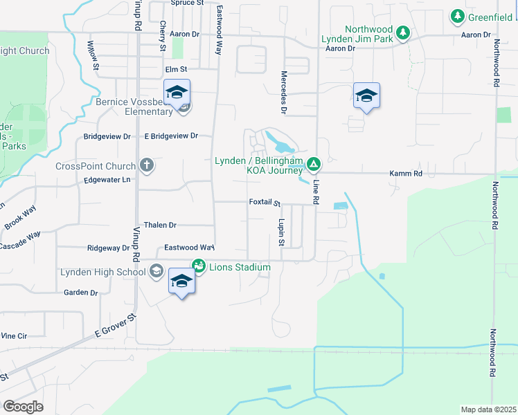 map of restaurants, bars, coffee shops, grocery stores, and more near 1422 Foxtail St in Lynden