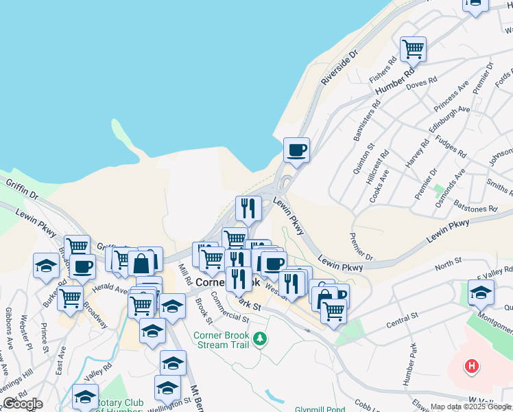map of restaurants, bars, coffee shops, grocery stores, and more near 49 Main Street in Corner Brook