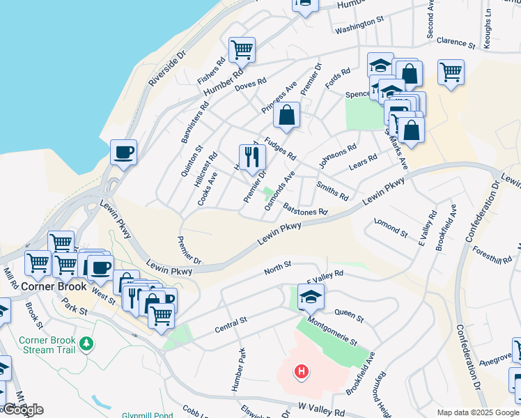 map of restaurants, bars, coffee shops, grocery stores, and more near 7 Osmonds Avenue in Corner Brook