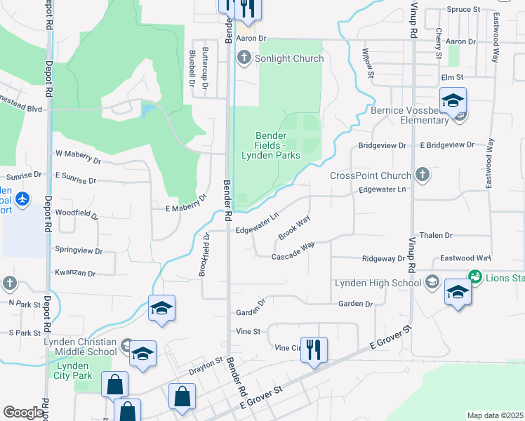 map of restaurants, bars, coffee shops, grocery stores, and more near 309 Edgewater Lane in Lynden