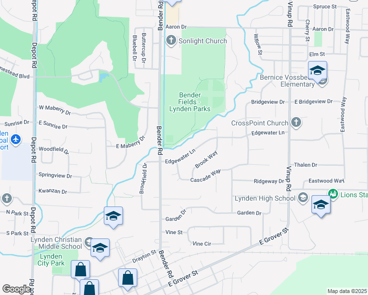 map of restaurants, bars, coffee shops, grocery stores, and more near 309 Edgewater Ln in Lynden