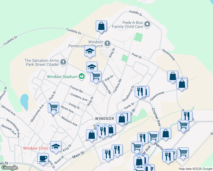 map of restaurants, bars, coffee shops, grocery stores, and more near 3 Young Street in Grand Falls-Windsor
