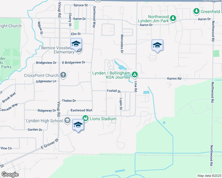 map of restaurants, bars, coffee shops, grocery stores, and more near 1422 Foxtail Street in Lynden