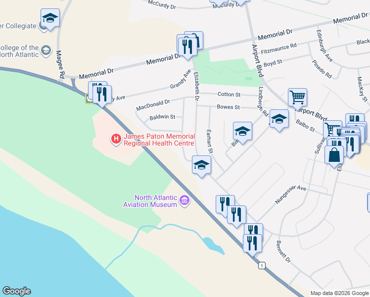 map of restaurants, bars, coffee shops, grocery stores, and more near 14 Hamilton Street in Gander