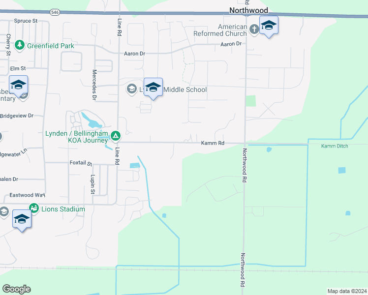 map of restaurants, bars, coffee shops, grocery stores, and more near 1396 Kamm Road in Lynden