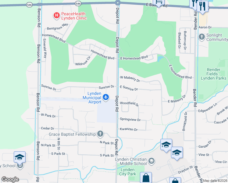 map of restaurants, bars, coffee shops, grocery stores, and more near 301 Sunrise Drive in Lynden