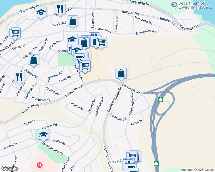 map of restaurants, bars, coffee shops, grocery stores, and more near 1 Westview Avenue in Corner Brook