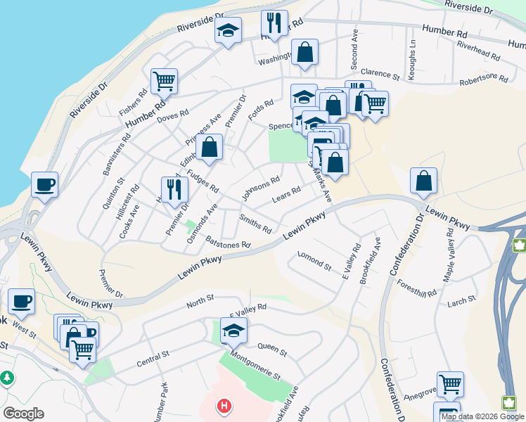 map of restaurants, bars, coffee shops, grocery stores, and more near in Corner Brook