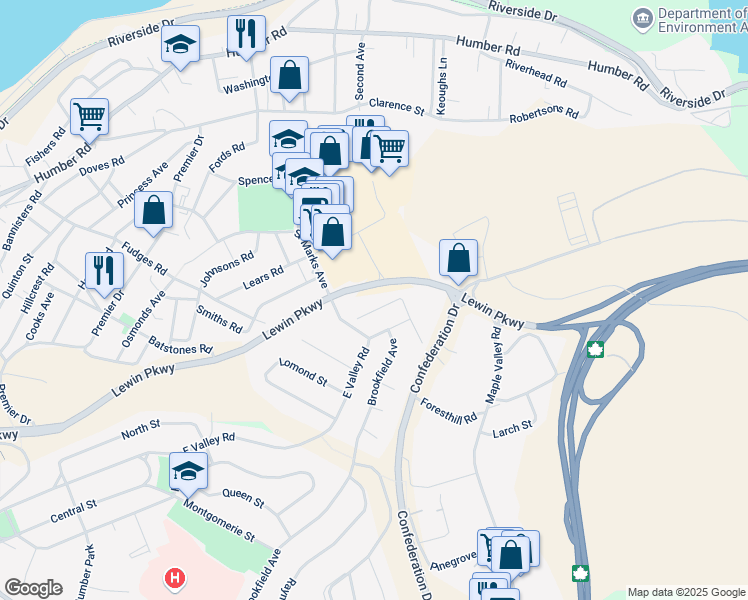 map of restaurants, bars, coffee shops, grocery stores, and more near 7 Westview Avenue in Corner Brook
