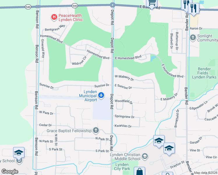map of restaurants, bars, coffee shops, grocery stores, and more near 301 Sunrise Drive in Lynden