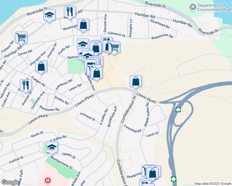 map of restaurants, bars, coffee shops, grocery stores, and more near 13 Ingrid Avenue in Corner Brook