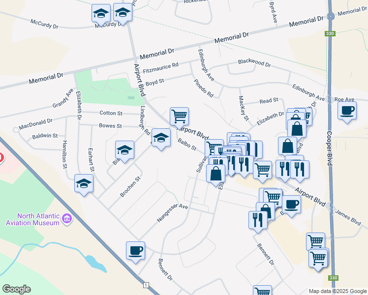 map of restaurants, bars, coffee shops, grocery stores, and more near 15 Balbo Street in Gander
