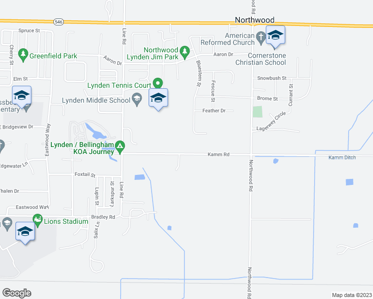 map of restaurants, bars, coffee shops, grocery stores, and more near 1396 Kamm Road in Lynden