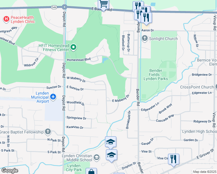 map of restaurants, bars, coffee shops, grocery stores, and more near 102 West Maberry Drive in Lynden