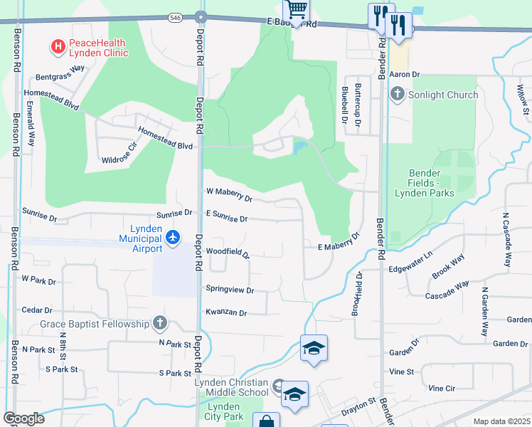 map of restaurants, bars, coffee shops, grocery stores, and more near 210 East Sunrise Drive in Lynden