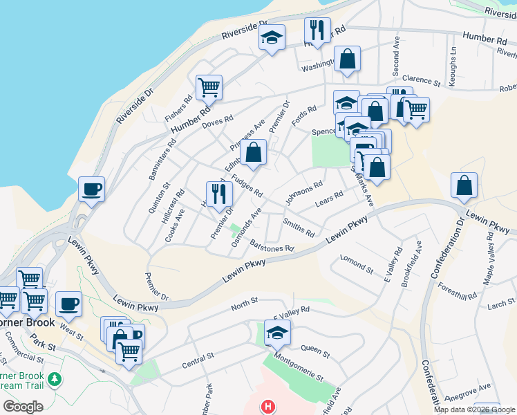 map of restaurants, bars, coffee shops, grocery stores, and more near 33 Osmonds Avenue in Corner Brook