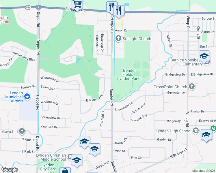 map of restaurants, bars, coffee shops, grocery stores, and more near 624 East Maberry Drive in Lynden