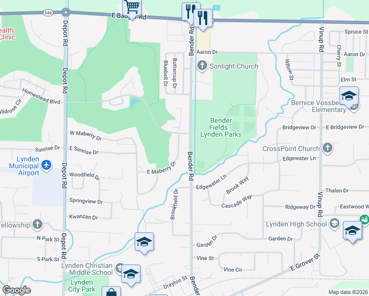 map of restaurants, bars, coffee shops, grocery stores, and more near 624 East Maberry Drive in Lynden