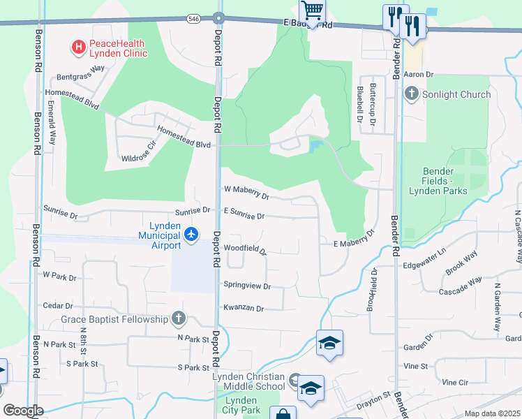 map of restaurants, bars, coffee shops, grocery stores, and more near 218 East Sunrise Drive in Lynden
