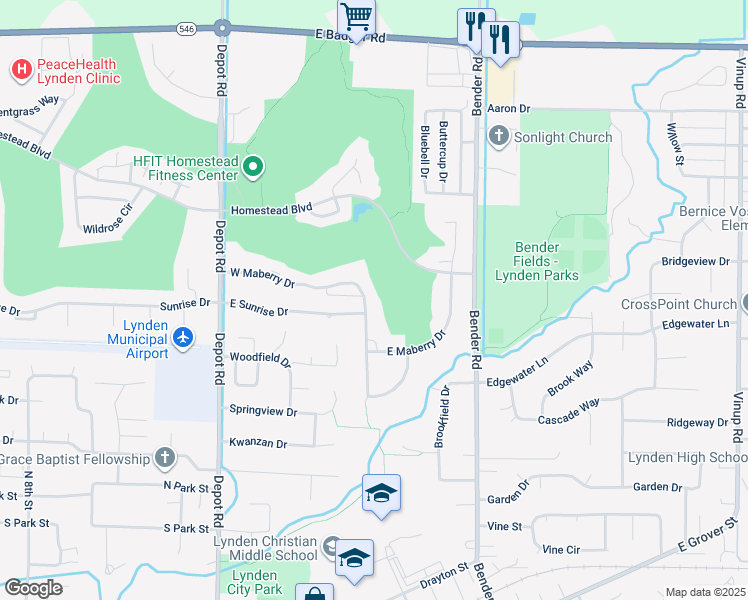 map of restaurants, bars, coffee shops, grocery stores, and more near 102 West Maberry Drive in Lynden