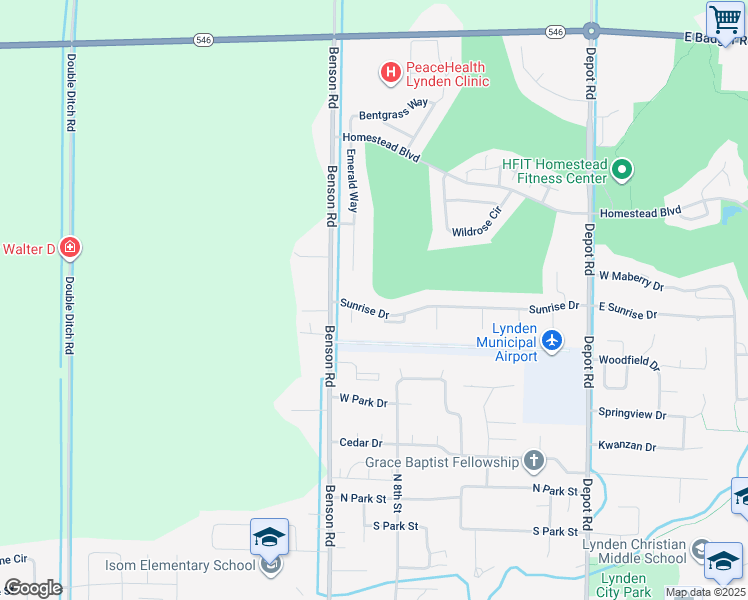 map of restaurants, bars, coffee shops, grocery stores, and more near 824 Sunrise Drive in Lynden