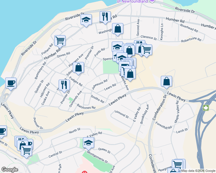 map of restaurants, bars, coffee shops, grocery stores, and more near 9 Sherwood Avenue in Corner Brook