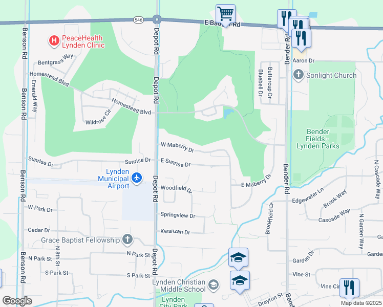 map of restaurants, bars, coffee shops, grocery stores, and more near 218 East Sunrise Drive in Lynden