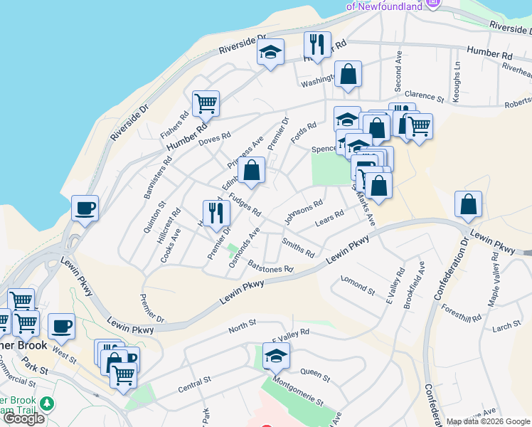 map of restaurants, bars, coffee shops, grocery stores, and more near 33 Osmonds Avenue in Corner Brook