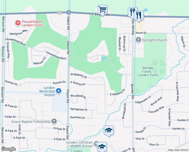 map of restaurants, bars, coffee shops, grocery stores, and more near 210 East Sunrise Drive in Lynden