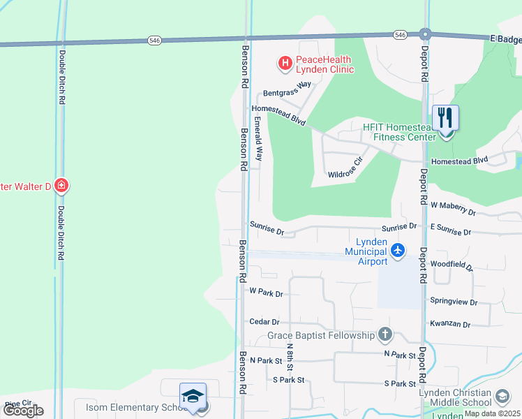map of restaurants, bars, coffee shops, grocery stores, and more near 824 Sunrise Drive in Lynden