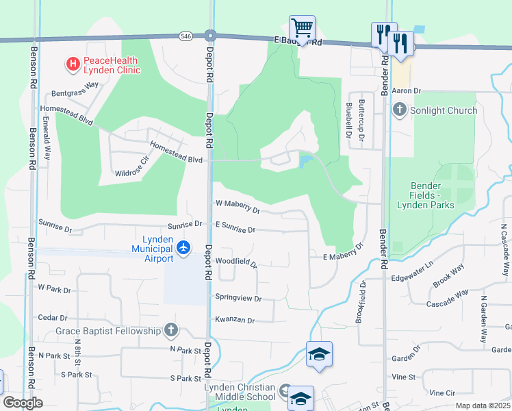 map of restaurants, bars, coffee shops, grocery stores, and more near 212 West Maberry Drive in Lynden