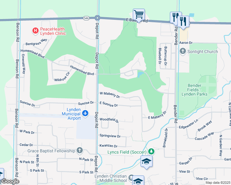 map of restaurants, bars, coffee shops, grocery stores, and more near 224 West Maberry Drive in Lynden