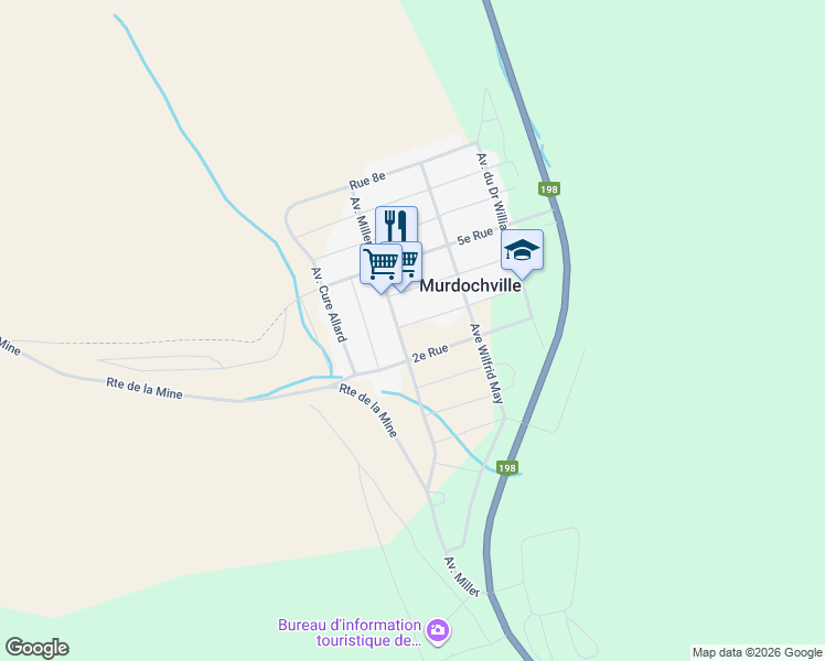 map of restaurants, bars, coffee shops, grocery stores, and more near 606 3e Rue in Murdochville