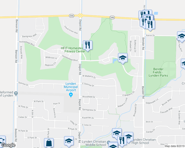 map of restaurants, bars, coffee shops, grocery stores, and more near 224 West Maberry Drive in Lynden