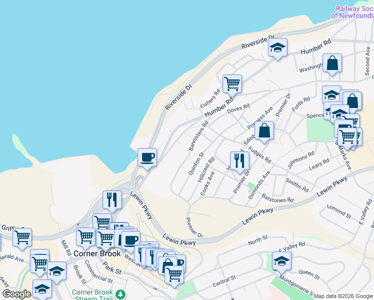 map of restaurants, bars, coffee shops, grocery stores, and more near 26 B Old Humber Road in Corner Brook