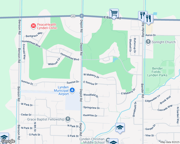 map of restaurants, bars, coffee shops, grocery stores, and more near 266 West Maberry Drive in Lynden