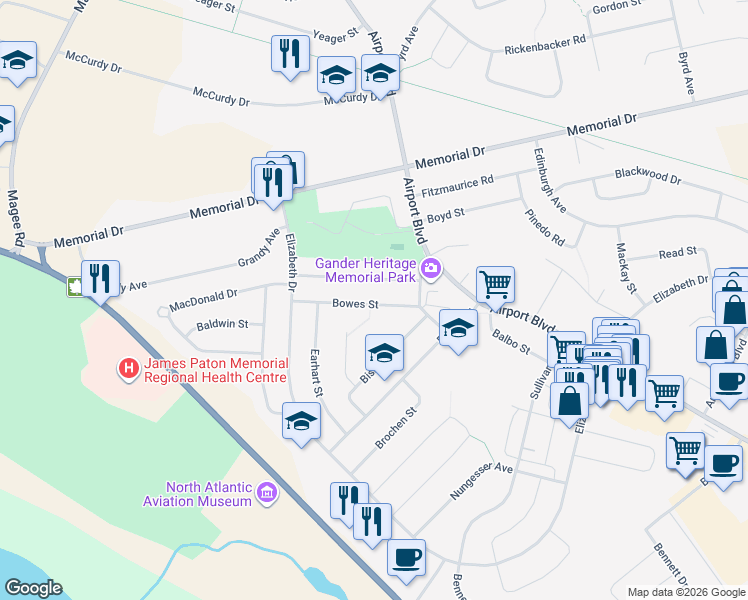 map of restaurants, bars, coffee shops, grocery stores, and more near 12 Bowes Street in Gander
