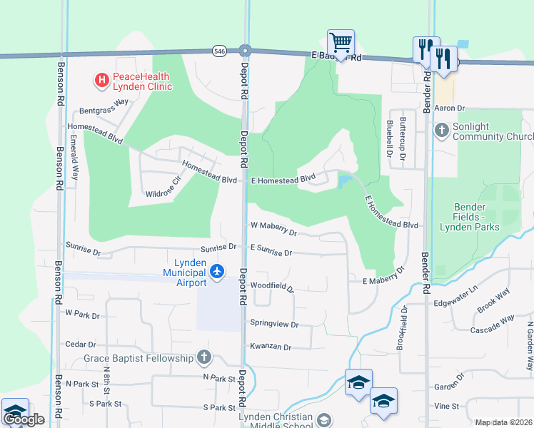 map of restaurants, bars, coffee shops, grocery stores, and more near 264 West Maberry Drive in Lynden