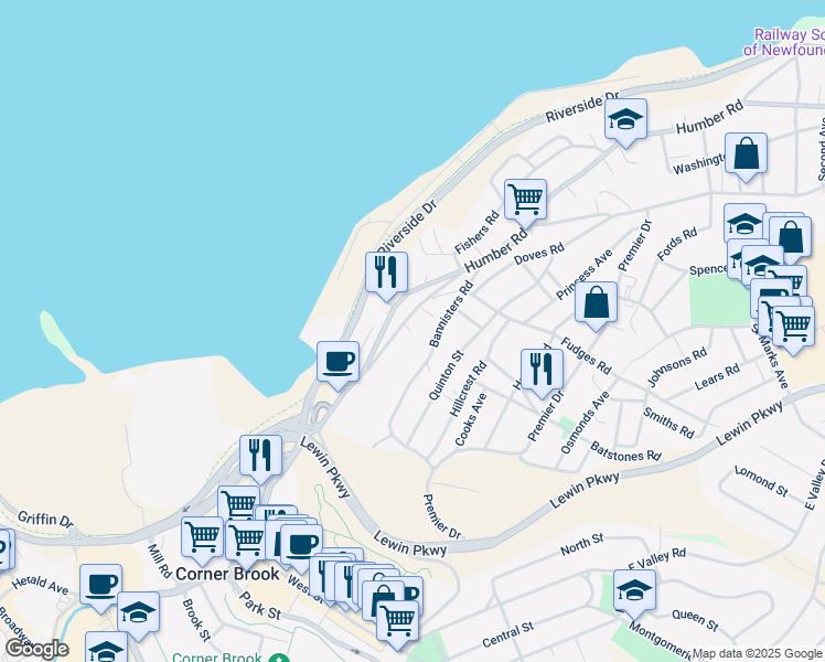 map of restaurants, bars, coffee shops, grocery stores, and more near 26 B Old Humber Road in Corner Brook