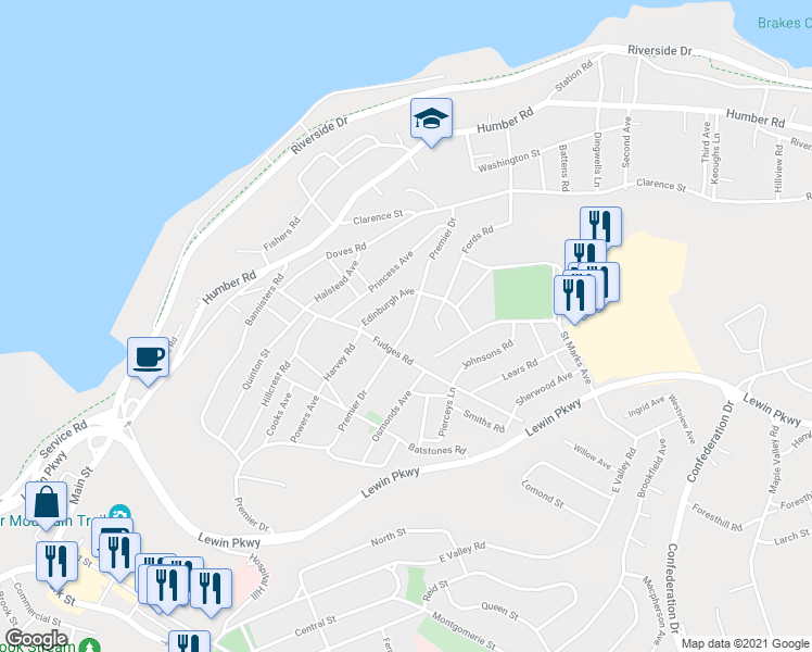 map of restaurants, bars, coffee shops, grocery stores, and more near 74 B Premier Drive in Corner Brook