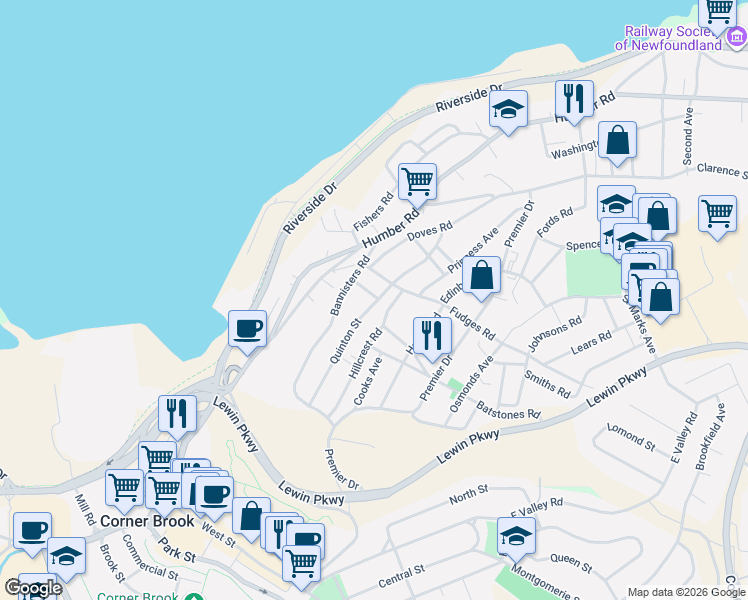 map of restaurants, bars, coffee shops, grocery stores, and more near 48 Quinton Street in Corner Brook