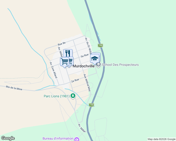 map of restaurants, bars, coffee shops, grocery stores, and more near 708 3e Rue in Murdochville
