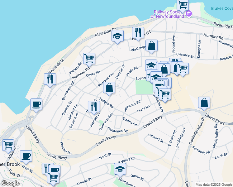 map of restaurants, bars, coffee shops, grocery stores, and more near 69 Premier Drive in Corner Brook