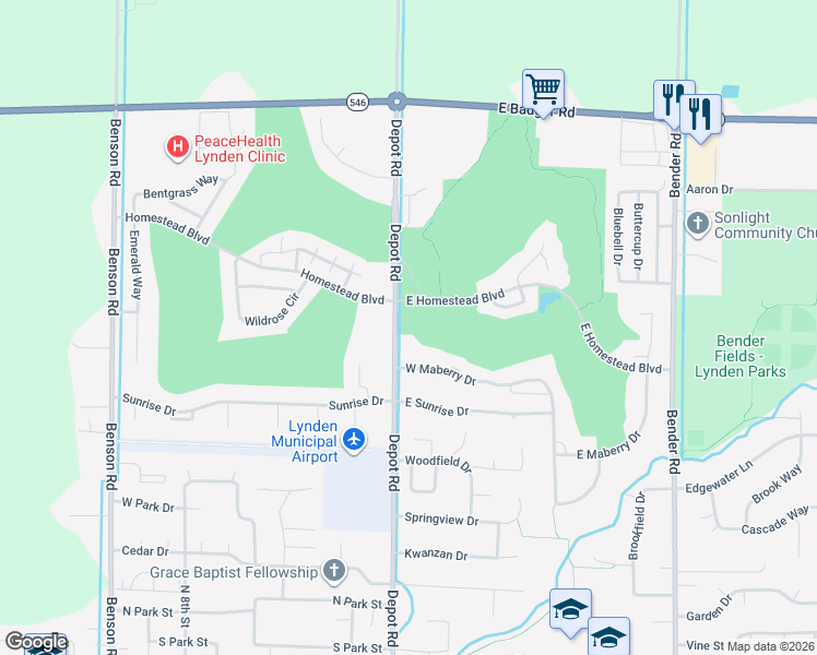 map of restaurants, bars, coffee shops, grocery stores, and more near 266 West Maberry Drive in Lynden