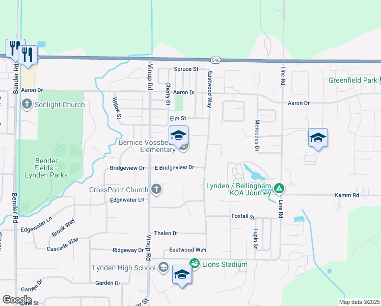map of restaurants, bars, coffee shops, grocery stores, and more near 1301 Bridgeview Drive in Lynden